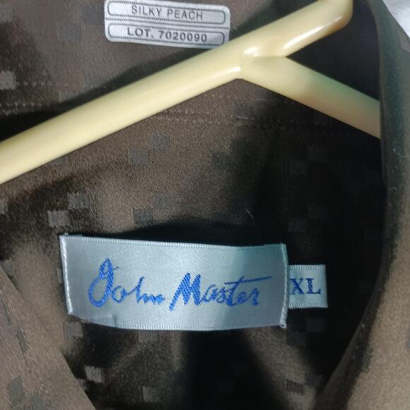 John Master Shirt Mens XL Brown Yellow Batik Long Sleeve Silky Peach Button Up - Picture 2 of 10